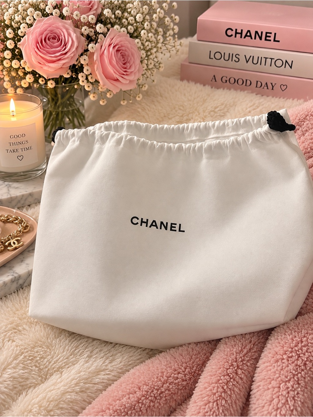 CHANEL White Drawstring Cosmetic Pouch with Black Accent